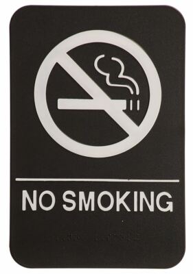 ADA Sign, NO SMOKING, Black, with Braille text 6''x9''