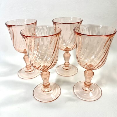 4 French Vtg Rosaline Pink Swirl Optic Wine Glasses Cristal D'Arques Durand EVC