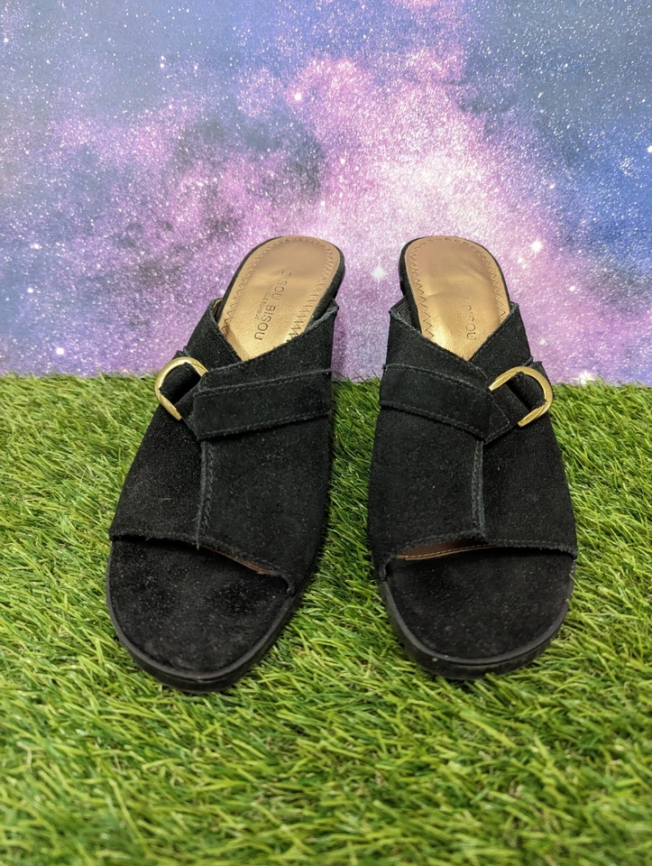 Bisou Bisou, Para Mujer, Punta Abierta, Tacones Mula Talla US 7 M, Gamuza Negra Foto 3 de 4