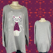 Woman Within 26/28 Gray Cat Wearing Sweater Crew Neckline Long Sleeve Sweater
