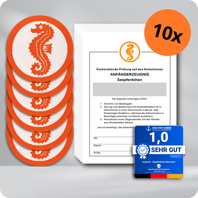 10x Seepferdchen  Abzeichen + Urkunden | Schwimmabzeichen Set
