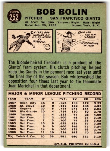 1967 Topps Bobby Bolin #252 A San Francisco Giants - Picture 2 of 2