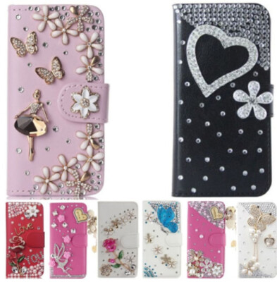 Bling Crystal Magnet Rhinestone Leather Wallet Case Stand Card Flip Phone Cover