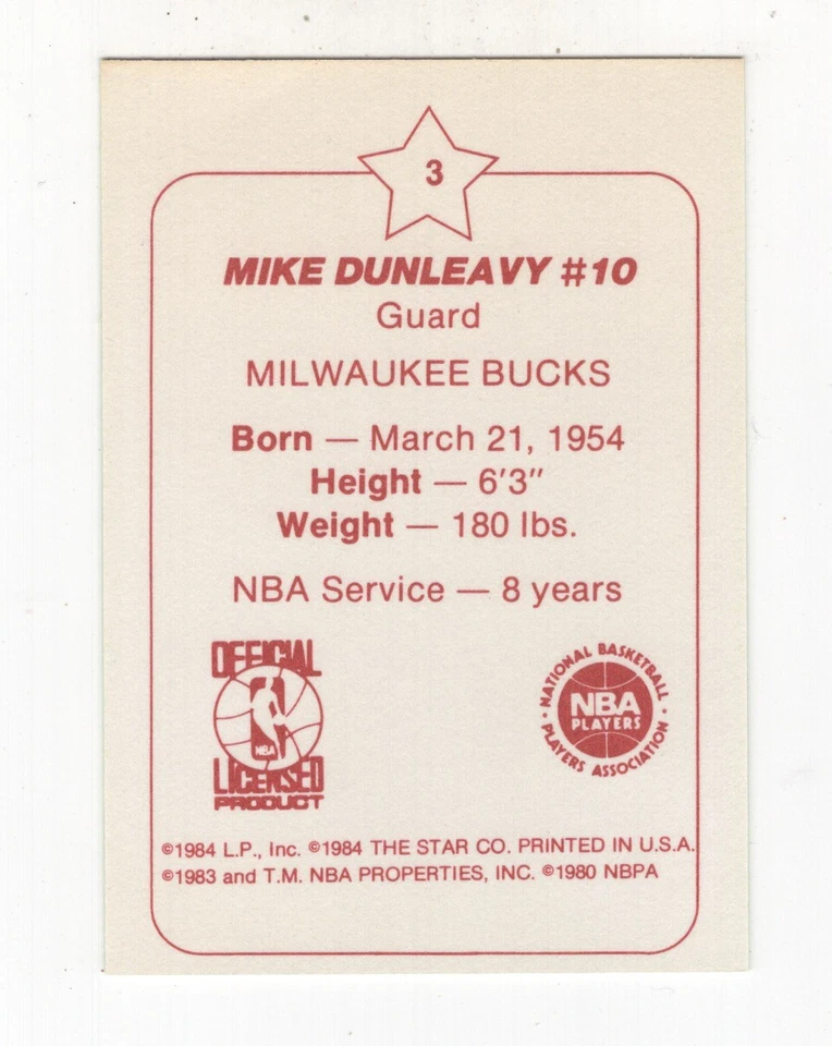 1984-85 STAR COMPANY BASKETBALL ARENA MIKE DUNLEAVY MILWAUKEE BUCKS #3 - Image 2 of 2