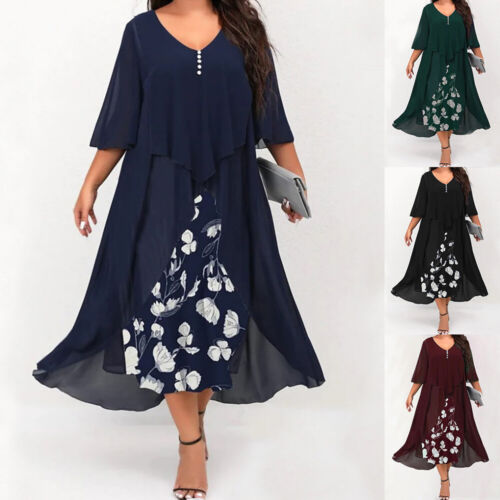 Plus Size Women V Neck Floral Chiffon Swing Dress Ladies Autumn Loose Party Gown