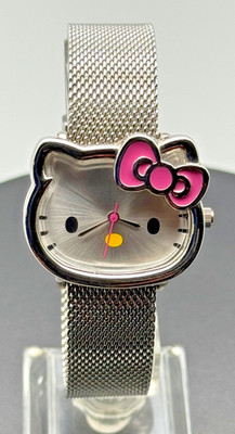Sanrio Hello Kitty Face Shaped Watch Silver Mesh Band Pink Bow Quartz