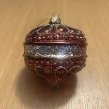 Red Burgundy Glass Christmas Bauble with Gold Glitter Tree Decoration 8x10cm