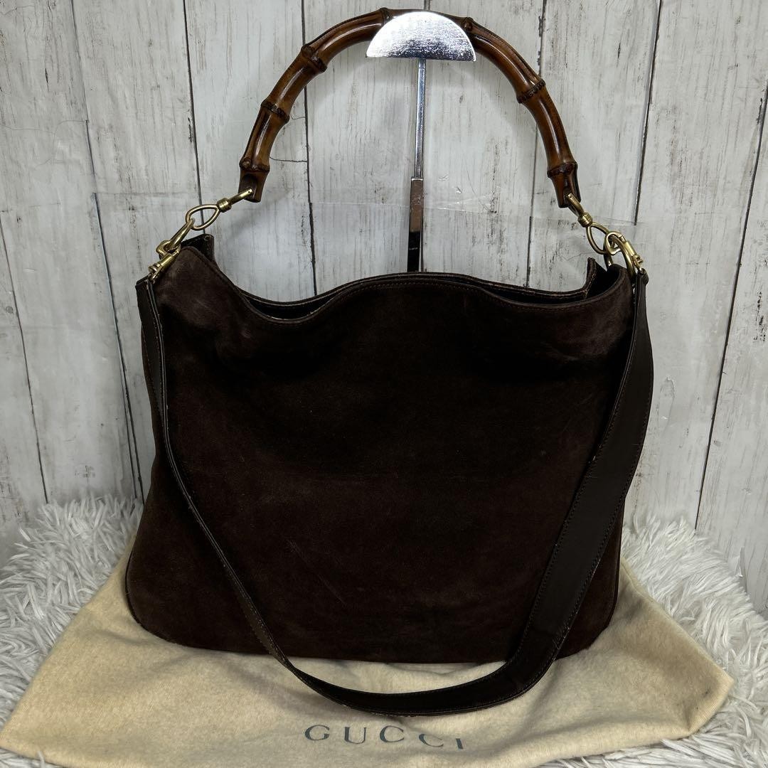 Gucci Bamboo Leather & Suede 2-Way Shoulder Bag with Logo - Pre-Owned