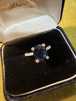 Vtg AVON NV Sz 6 Simulated Sapphire Cocktail Ring Silver Tone