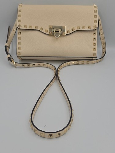 Valentino Garavani Rockstud Ivory Leather Flap Crossbody Bag Gold Hardware