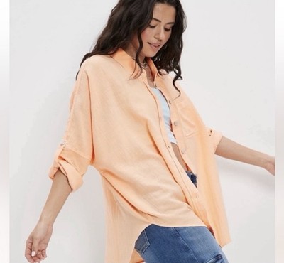 NWT $50 American Eagle AE Go Big Oversized Button-Up Shirt Orange Medium Baggy