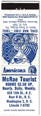 Vintage Matchbook Cover McRae Tourist Rooms $2.50 UP Washington 2 DC