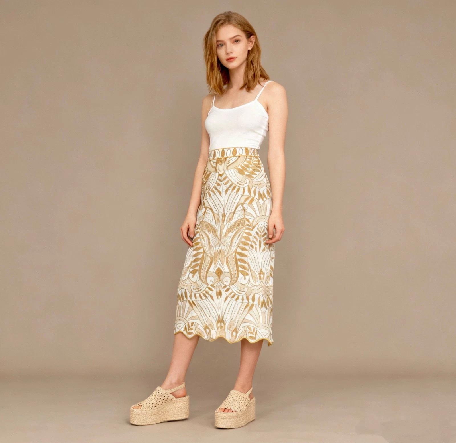 NWOT Farm Rio Midi Skirt Off-White/Beige Lace Nature Wavy Hem Linen Size XL
Opens in a new window or