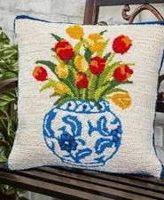 Indoor/Outdoor Tulips Hooked Polypropylene Throw Pillow