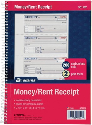 Money and Rent Receipt Book 2 Part Carbonless  7 5/8   11 Spiral Bound 200