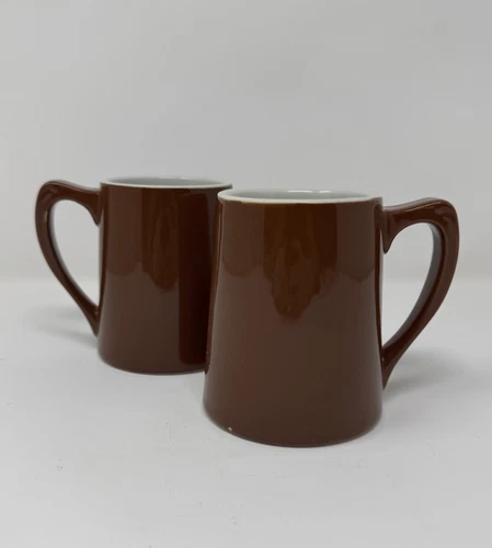 Pair Vintage HALL 598 Chocolate Brown Ceramic Glazed Coffee Cup Mug USA 10 Oz