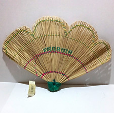 Woven Straw Hand Fan Scalloped Edge Boho Beige Green Pink Decorative