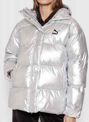 Puma Puffer Jacket Womens Silver $170 MSRP Sz L Classics Oversized 