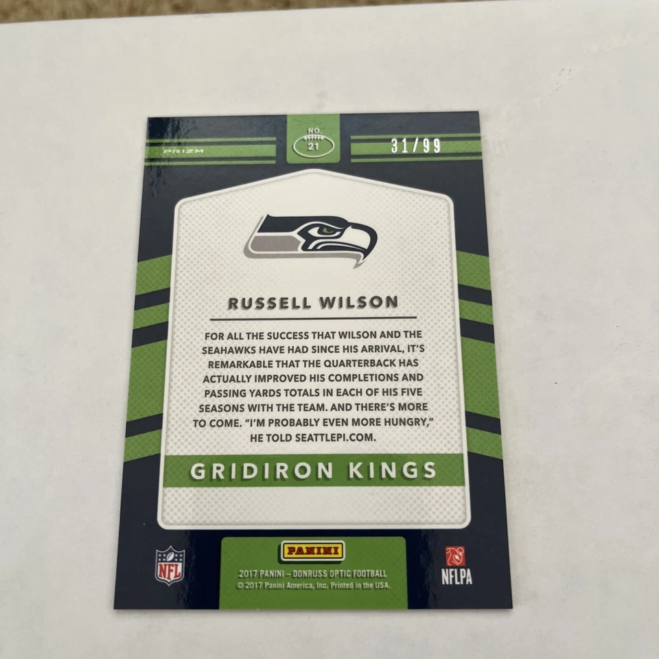 2017 Optic Russell Wilson Gridiron Kings Prizm #D 31/99 Card No. 21 - Image 2 of 2