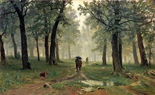 Ｏｉｌ　ｐａｉｎｔｉｎｇ Ivan Shishkin - Figures in forest Rain in an oak forest landscape @