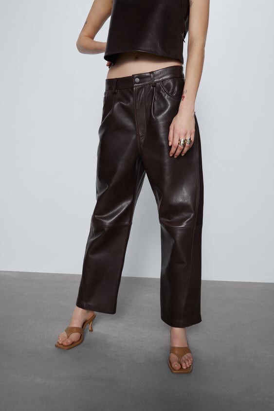 Zara 100% Authentic Straight Leg Leather Pants Dark Burgundy 2154 