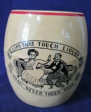 Oxford Pottery Antique Yellow Ware Temperance Prohibition Cartoon Barrel Mugs