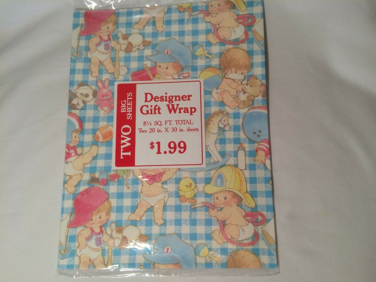 NOS 1980's Vintage Gingham Baby Boys Puppy Cowboy Fireman Gift Wrap Paper 