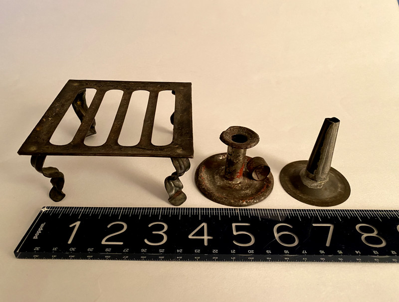 Antique E American Doll 19thc/German tin TOY trivet, Candle stand, kitchen tool