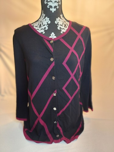 Kasper Womens L Soft Blend 3/4 Sleeve Black Fuschia Professional Office Sweater