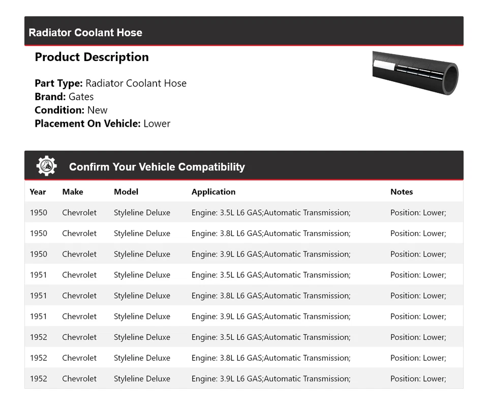 For 1950-1952 Chevrolet Styleline Deluxe Radiator Coolant Hose Lower Gates 1951 - Image 2 of 4