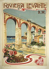 Riviera Levante Eisenbahnbr&uuml;cke K&uuml;ste Strand Boote Viadukt Plakate A3 247