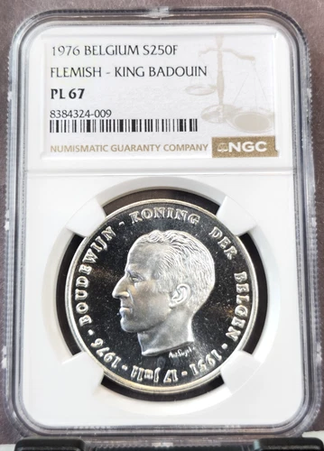 1976 BELGIUM SILVER 250 FRANCS FLEMISH KING BADOUIN NGC PL 67 RARE TOP POP 1