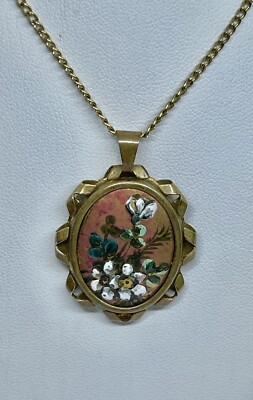 Antique Oval Limoges Hand Painted Floral Pendant Necklace Signed France 18 