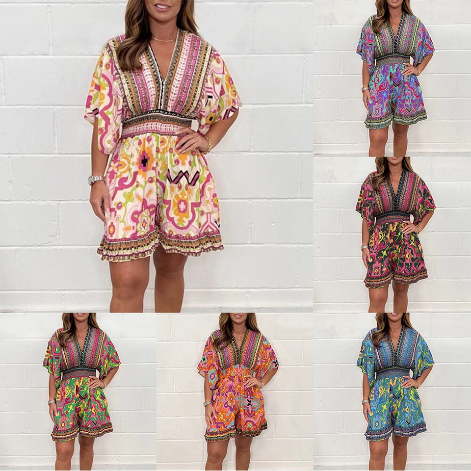 Amerikanische Frauen Boho Overall Ferien Romper Shorts Lose Sommer Overall ▽ - Bild 3 von 4