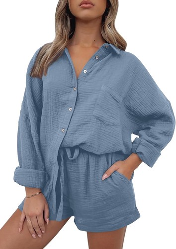 2 Piece Lounge Wear Set for Women – Oversized Shirt & Shorts Pajama Outfit 2025 - Picture 19 of 150