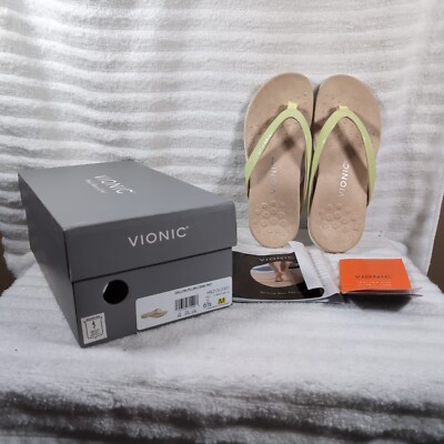 Vionic Dillon Sandals Women 6.5 Flip Flops Thong In Box Pale Lime Green Leather