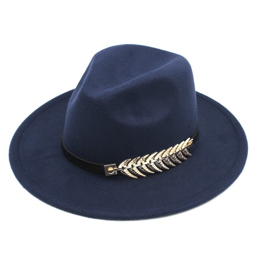 Women Wool Blend Panama Hat Wide Brim Fedora Cap Alloy Fish Bone Leather Band - Picture 16 of 28