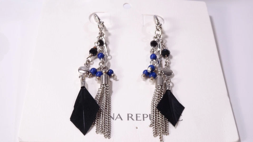 Banana Republic Women's Midnight Bead Feather Crystal Tassel Earrings NWT 39.5 - Image 3 of 4