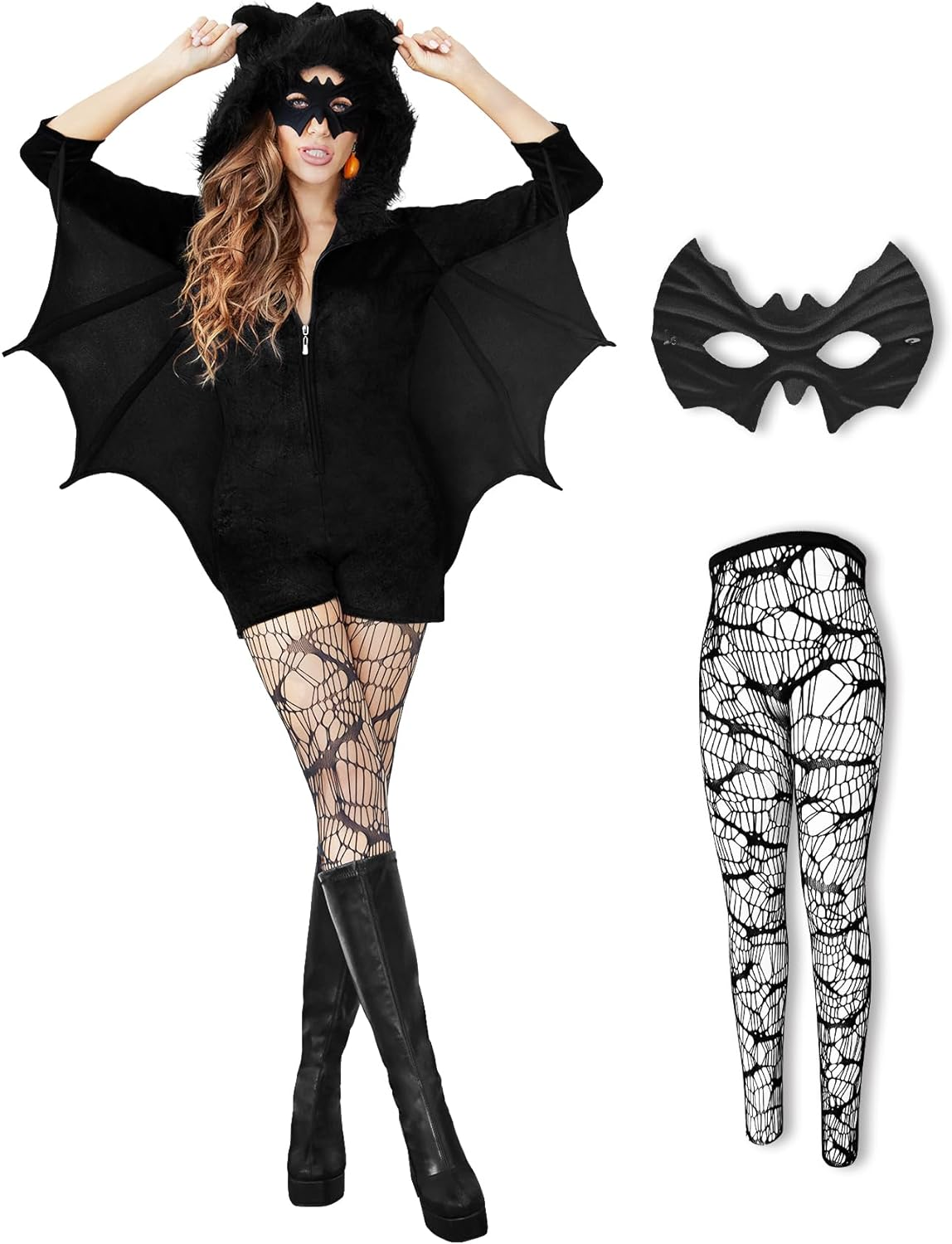 Halloween Bat Costume Women 3Pcs Adult Bat Mask,Silk Stockings Costume