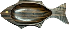 VINTAGE Hand Carved Hard Wood Fish Trinket Dish Valet Tray Catch All Beach Decor