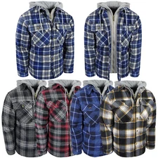 Mens Plaid Flannel Hoodie Soft Shirt Fuzzy Fleece Sherpa Lined Zip-Up 4 Pocket a
