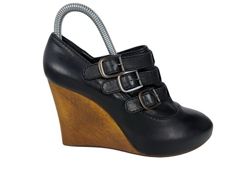 Chloé, Stivali Chloe donna 38 US 7,5 zeppe legno cinturini fibbie pelle nera vintage