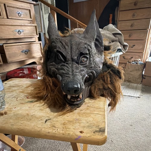 Halloween Werewolf Full Mask, Latex with Black/Brown Faux Fur Mane, One Size