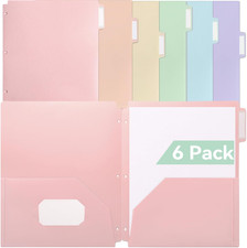 Plastic Folders with Pockets, 3-Hole, 3 Tab Positions, Pastel