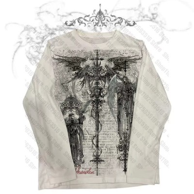 Womens Y2K Gothic Cross Long Sleeve Shirt Grunge Emo Alt Edgy Aesthetic Top S-L