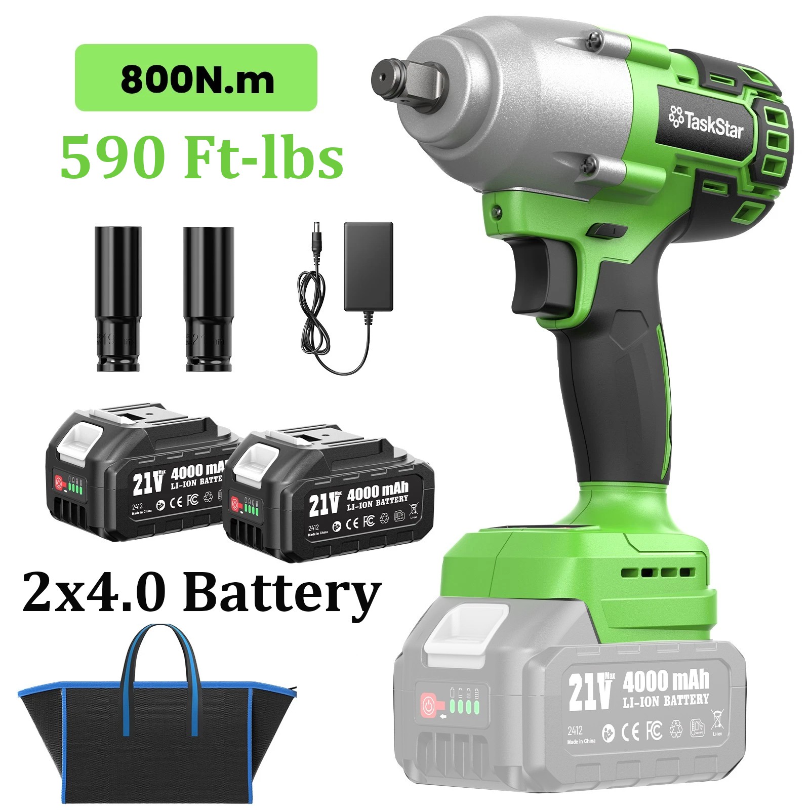 21V Electric Impact Wrench Cordless 1/2 " Brushless Motor 800Nm 2X4.0Ah Battery