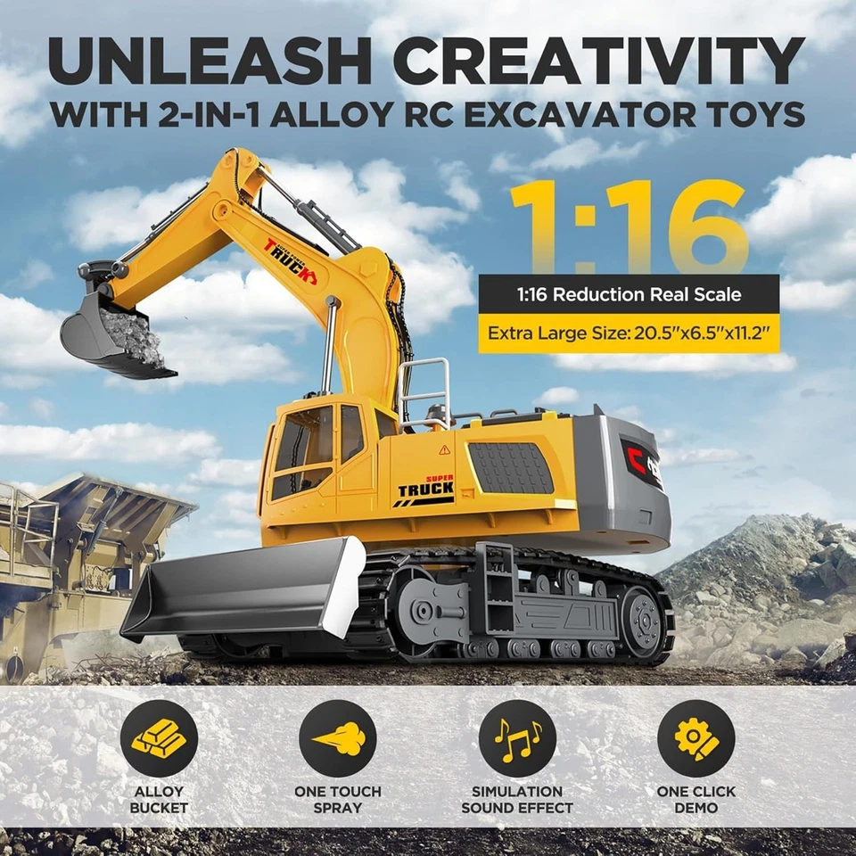 21" Large Remote Control Excavator Toy with Metal Bucket & Dozer Blade, 15-Ch... - Image 2 of 4
