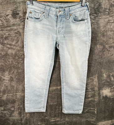 True Religion Damen Capri Jeans 26 helle Waschung Strass Tasche Crop Denim