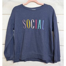 Wildfox Social Embroidered Sweatshirt Navy Blue Multi Color Lettering Loungewear