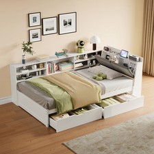 3ft Single L-Shape Daybed Bookcase Drawers Charging Station Bedroom Furniture